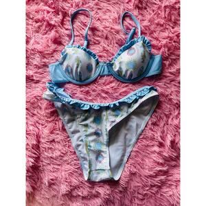 Blue Fish Print Bikini Set XS – Ruffle Trim Underwire Top Cute
